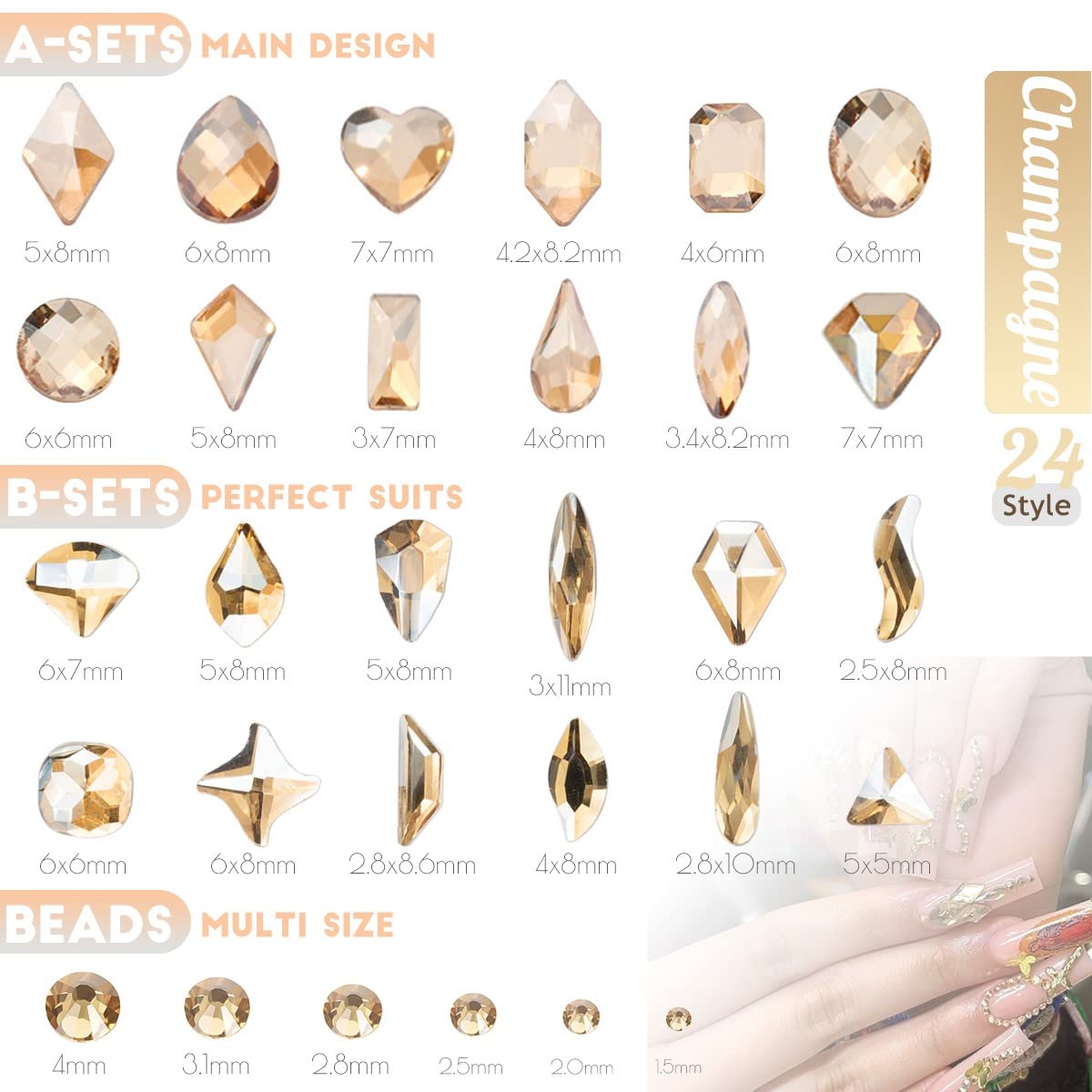 24 Styles Champagne Gold Nail Rhinestones Multi Shapes K9 Glass Flatback Crystals Gems Round Beads Stones Diamonds Jewels Nail Art Charms Supplies for Nails Face Eyes Makeup Crafts Clothes