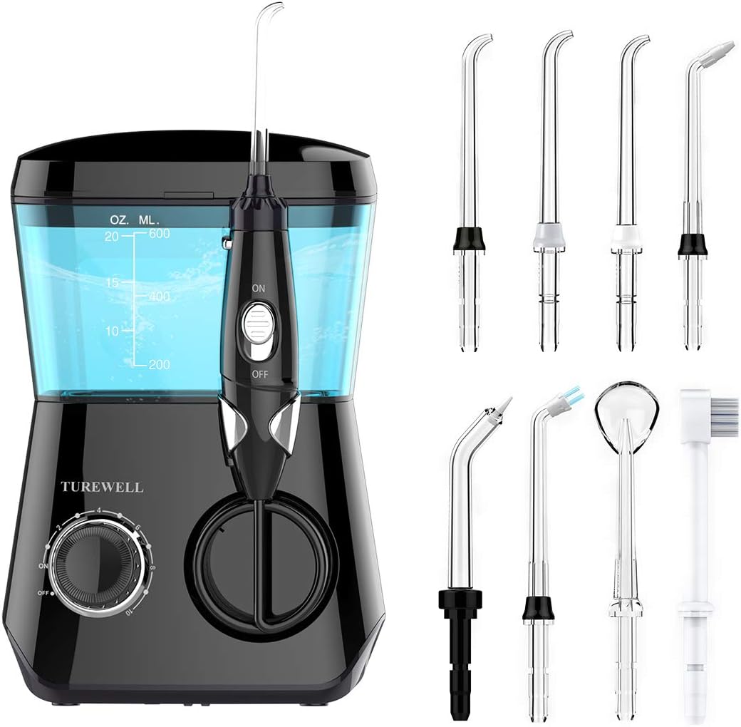 TUREWELL Water Flossing Oral Irrigator, 600ML Dental Teeth Cleaner 10 Adjustable Pressure, Electric Oral Flosser for Braces, 8 Replacement Jet Tips for Family (Black)