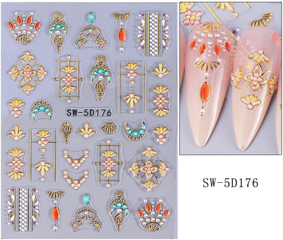 Bohemian Nail Stickers Gold Star Sun Moon Nail Designs Starfish Nail Decals 5D Embossed Gem Lace Lines3D Self-Adhesive Summer Nail Art Decoration for Women DIY Manicure 2 Sheets