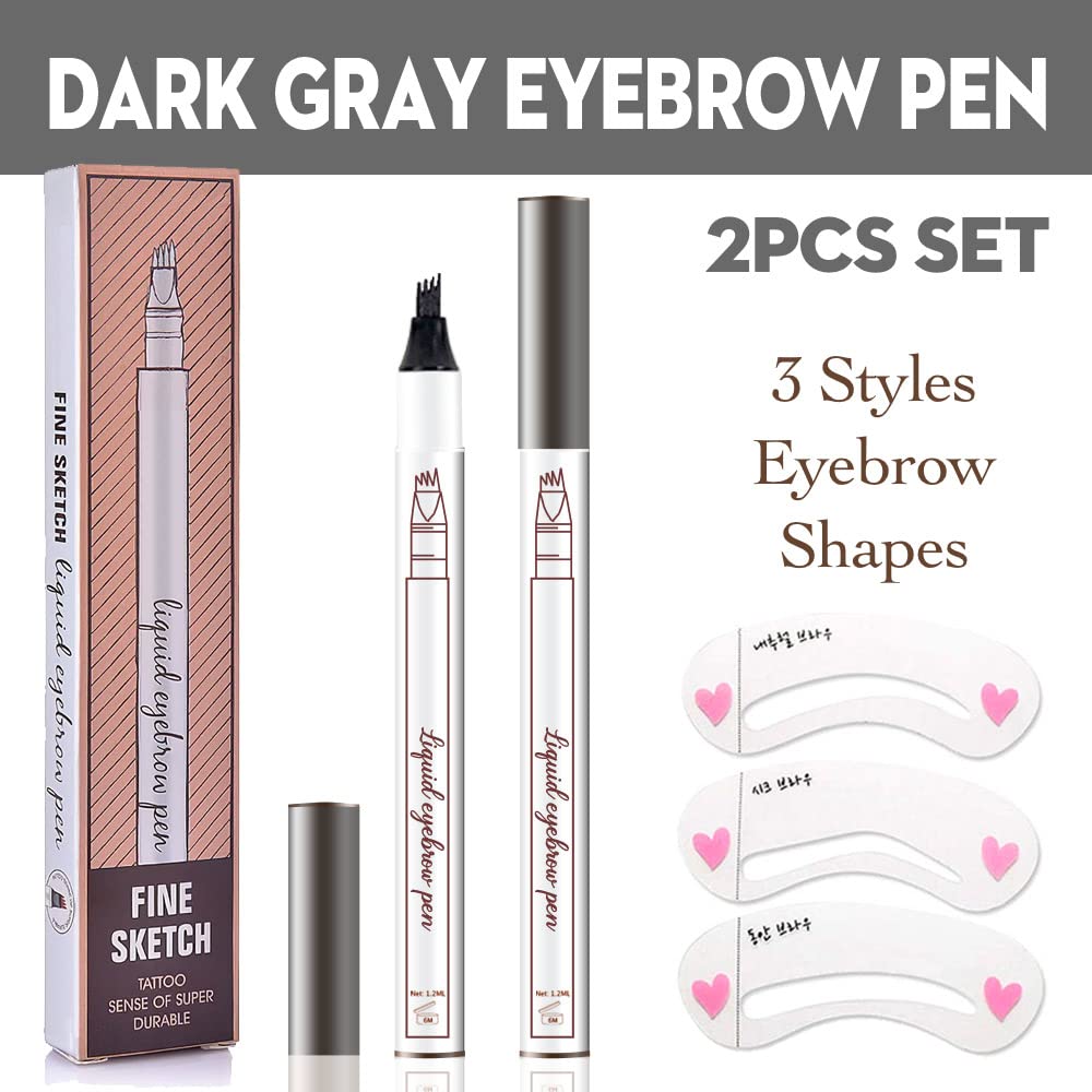 2 Pcs/Set Eyebrow Ink Pencil by Brow Stylist -Micro 4 Point Brow Pen Lift & Snatch Eyebrow Pen Kits with 3 Eyebrow Stencil Long-Lasting Waterproof Natural Eyebrow Hair (3# dark grey)