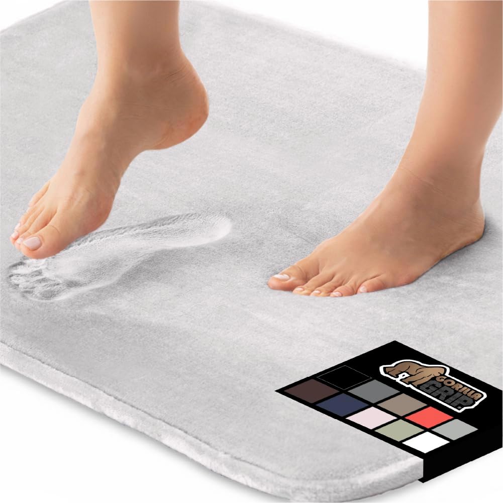 GORILLA GRIP Memory Foam Bath Rugs, Soft Absorbent Velvet Bathroom Mats, Durable Dots on Underside, Machine Washable Bathmat, Carpet Rug Room Decor for Shower Floor, 42x24 Mat, Light Gray