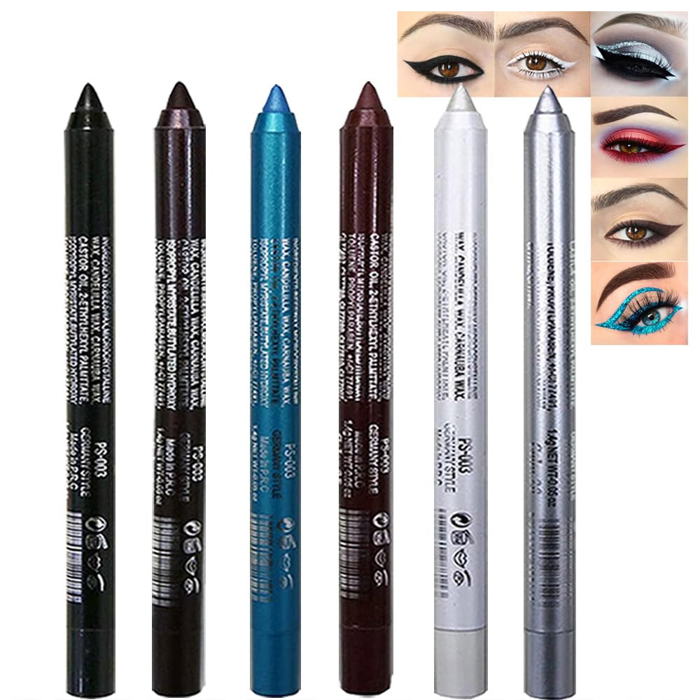 Kaely 6Pcs Glitter Gel Eyeliner Pencil Set for Women, Color Eye Liner Waterproof Smudge Proof with Sharpener, High Pigmented Eye Makeup Liners, lapiz de ojos delineador de ojos contra el agua, 01