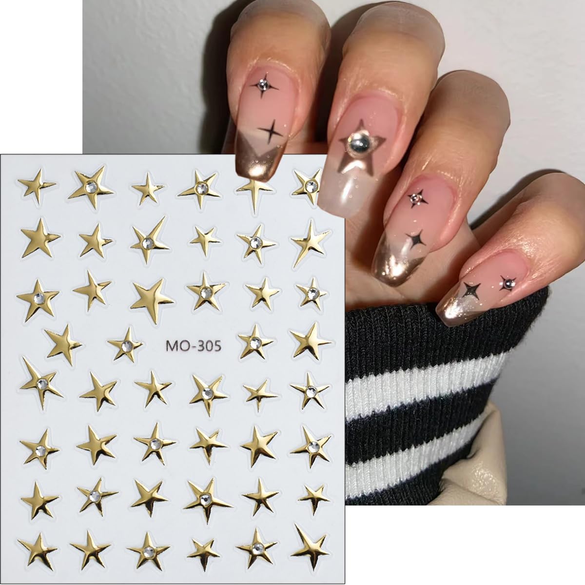 6Pcs Star Nail Art Decoration Stickers - 3D Glitter Decals With Crystal Rhinestones Design for Manicure - Irregular Five-Pointed Charms Supplies for Women