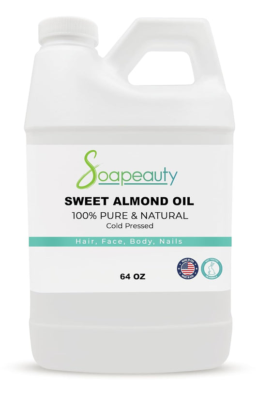 Soapeauty Sweet Almond Oil Cold Pressed Refined | 100% Pure Sweet Almond Oil Available in Bulk | Carrier for Essential Oils, Almond Oil for Skin, Face, and Hair, Soap Making | 64 fl oz