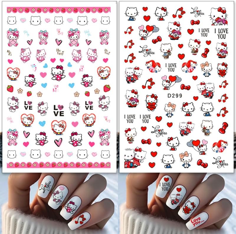 Valentines Nail Stickers Pink Cat Nail Art Stickers 3D Cat Self-Adhesive Nail Design Supply Heart Lover Romantic Cartoon Nail Decals for Women Girls DIY Manicure Decoration