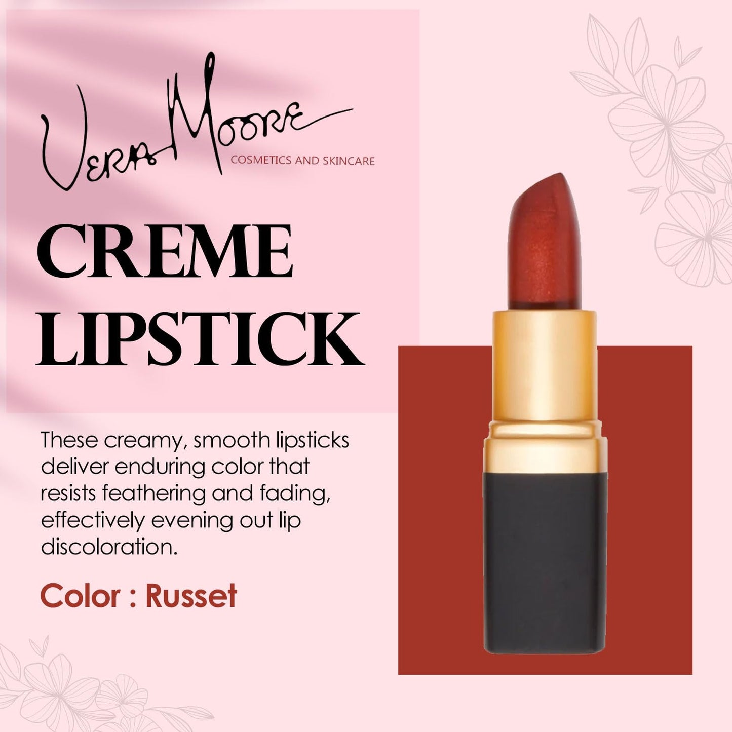 Vera Moore Creme Lipstick, Long Lasting, Lightweight, Opaque Color with Staying Power, Fragrance, and Paraben Free Cosmetics Soft Lipstick (Russett)