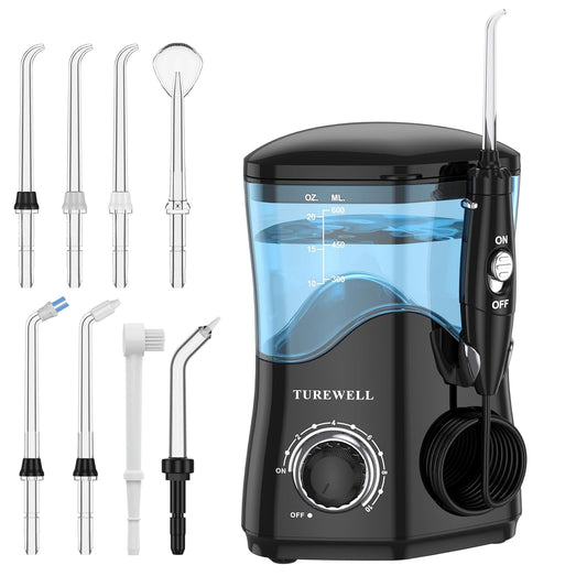 TUREWELL Water Dental Flosser for Teeth/Braces, Water Teeth Cleaner 8 Jet Tips and 10 Pressure Levels, 600ML Large Water Tank Oral Irrigator for Family(Black)