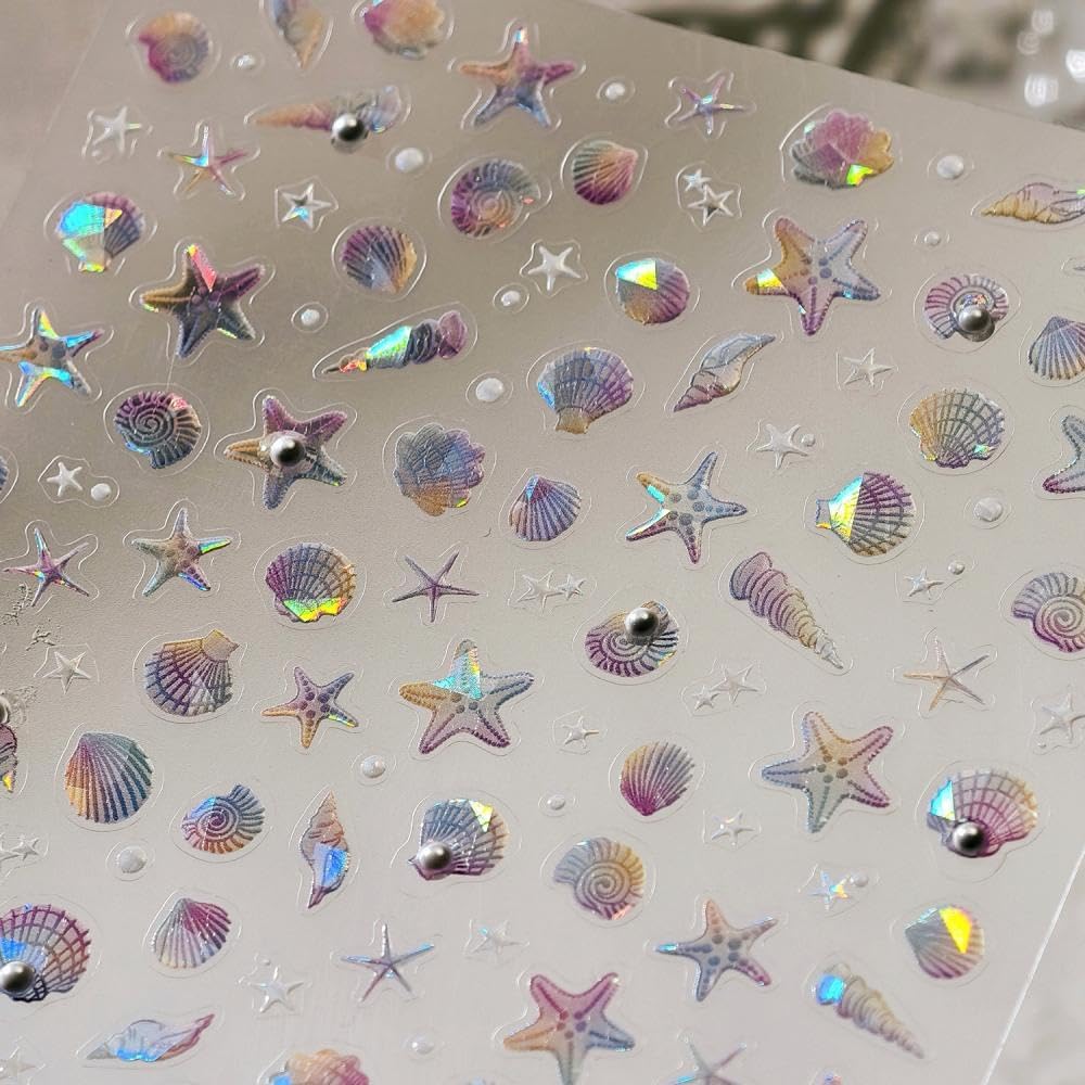 Aurora Ocean Nail Stickers Pearl Shell Conch Nail Designs Starfish Nail Decals 5D Embossed Silver Star Beach 3D Self-Adhesive Summer Nail Art Decoration for Women DIY Manicure 2 Sheets