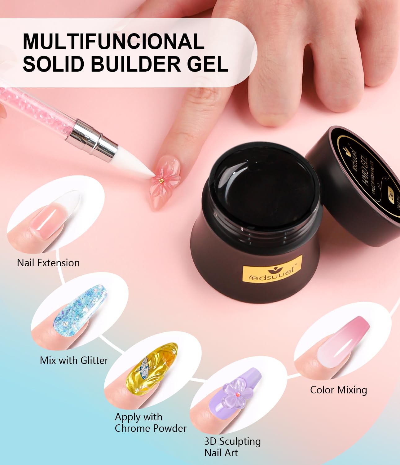 Solid Builder Gel for Nails LEDSUUEI - 2 Color Clear Pink 3D Nail Gel Sculpting Non-Sticky Hand Carving Glue Extension for Manicure Salon Home Decoration DIY 20g