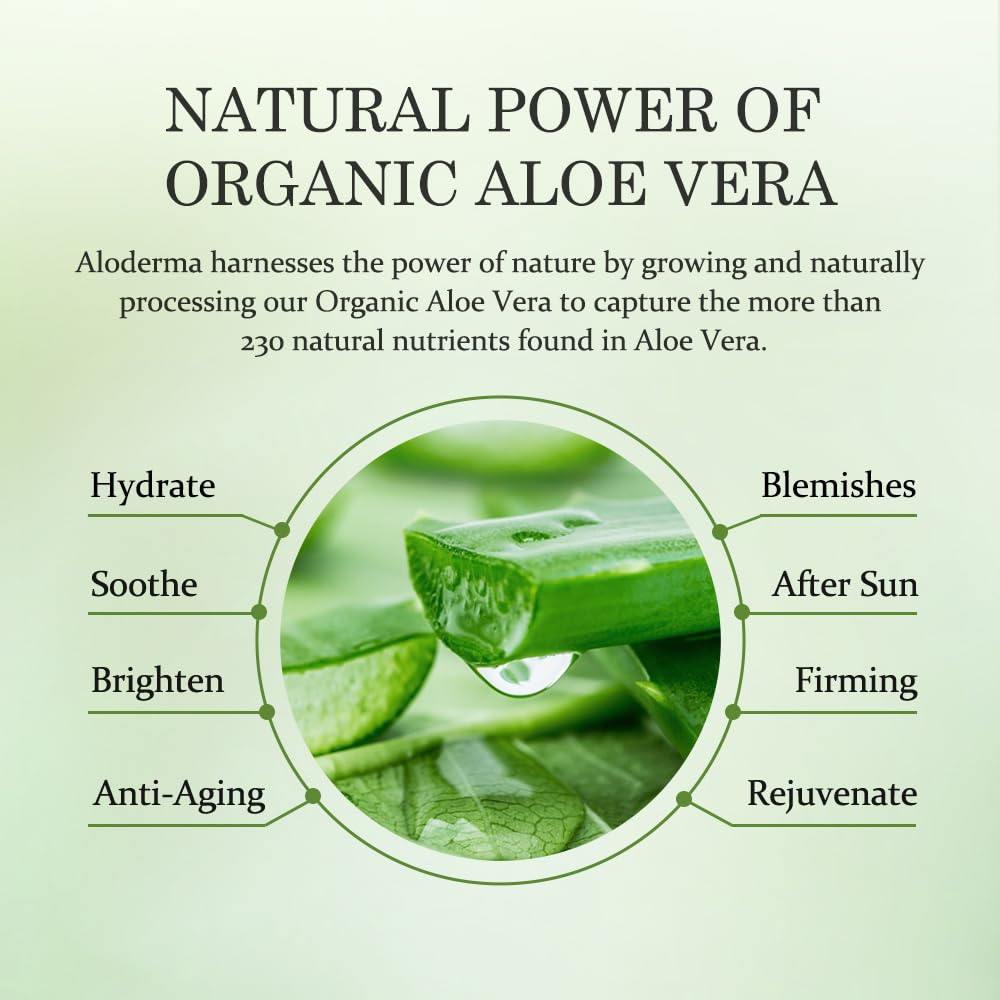 Aloderma 99% Organic Aloe Vera Gel Made within 12 Hours of Harvest - Lightweight, Non-Sticky Aloe Gel for Face Body, Hair, & Scalp, After Sun Relief, Natural, Soothing Hydrating Aloe Gel, 10.6oz
