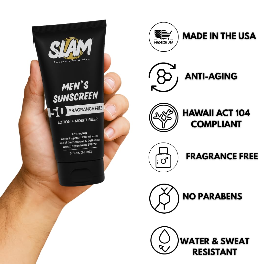 SLAM Men's Sunscreen Lotion SPF 50 & Moisturizer – Face & Body Sunblock, Anti-Aging, Water-Resistant, Hawaii Act 104 Safe, Skincare for Men, Unscented – 3 fl oz.each. Double pack.