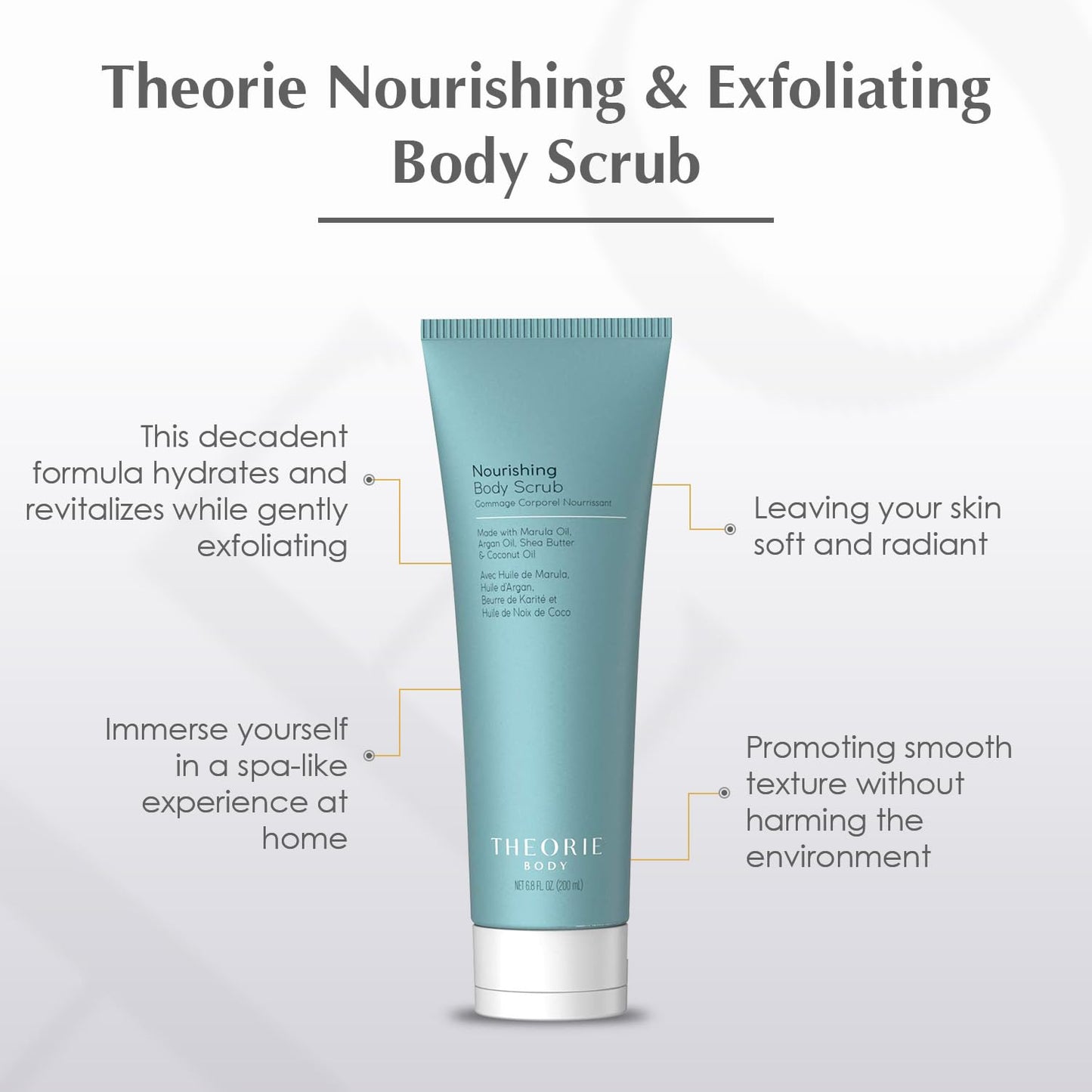Theorie Nourishing and Exfoliating Body Scrub - Made with Marula, Argan, Coconut Oil, Shea Butter & Vitamin E, Amber Rose Fragrance. Eco-Friendly Pumice, Vegan, Gluten Free, Cruelty Free 200mL Tube