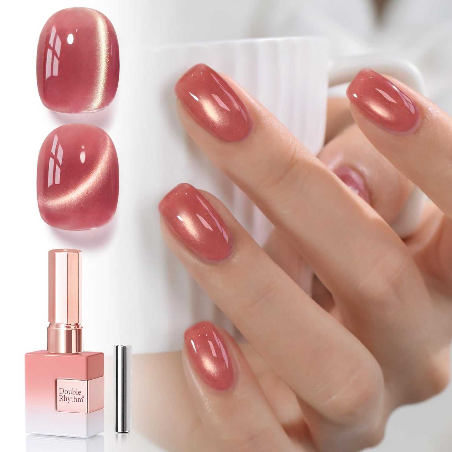 Double Rhythm 0.5 OZ Cat Eye Gel Polish with Magnet 15ML Holographic Glitter Shimmer Translucent Jelly Color Magnetic Nail Polish Salon DIY at Home (Cinnamon Pink-MC1269)