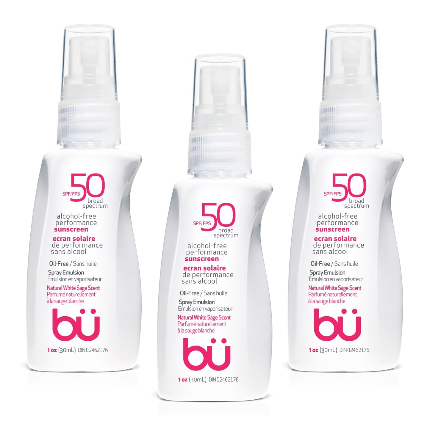 BU SPF 50 Sunscreen Spray for Face and Body, Non Aerosol Spray, TSA Travel Size Sunscreen, Clear, Non Greasy, Water Resistant, White Sage 1 oz (3 Pack)
