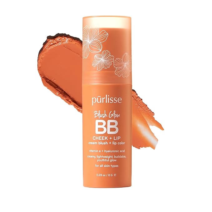 pürlisse Blush Glow BB Lip and Cheek Tint - Hydrating & Buildable 2-in-1 Cream Blush Stick for Cheeks & Lips - Formulated with Nourishing Vitamin E & Hyaluronic Acid - Peach Please (.28 oz)