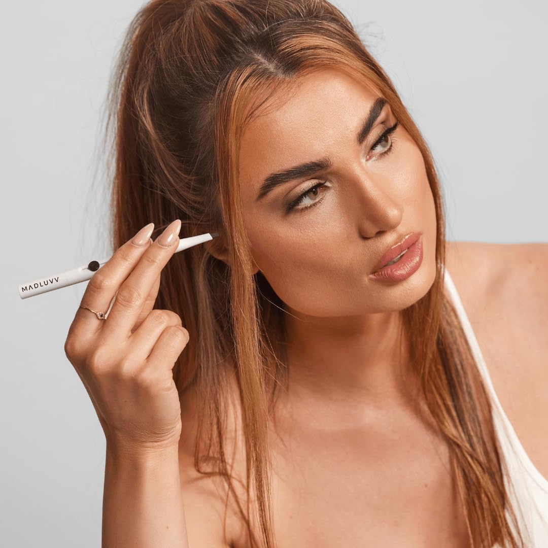 MADLUVV Exacto Brow Pencil for Flawless, Long Lasting, Realistic Brows with Dual-Ended Design Featuring Retractable Blade Tip for Precise Hair Like Detail and Blending Brush - Brunette