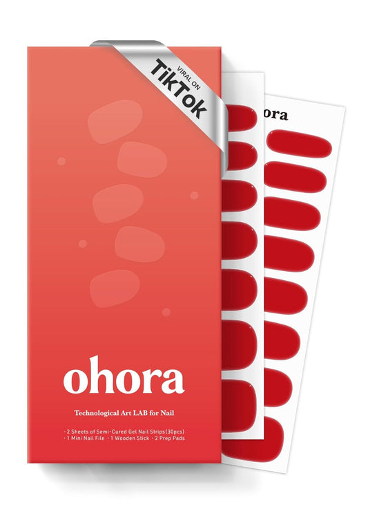 ohora Semi Cured Gel Nail Strips (N Hot Cherry) - Works with Any Lamps, Salon-Quality, Long Lasting, Easy to Apply & Remove - Includes 2 Prep Pads, Nail File & Wooden Stick