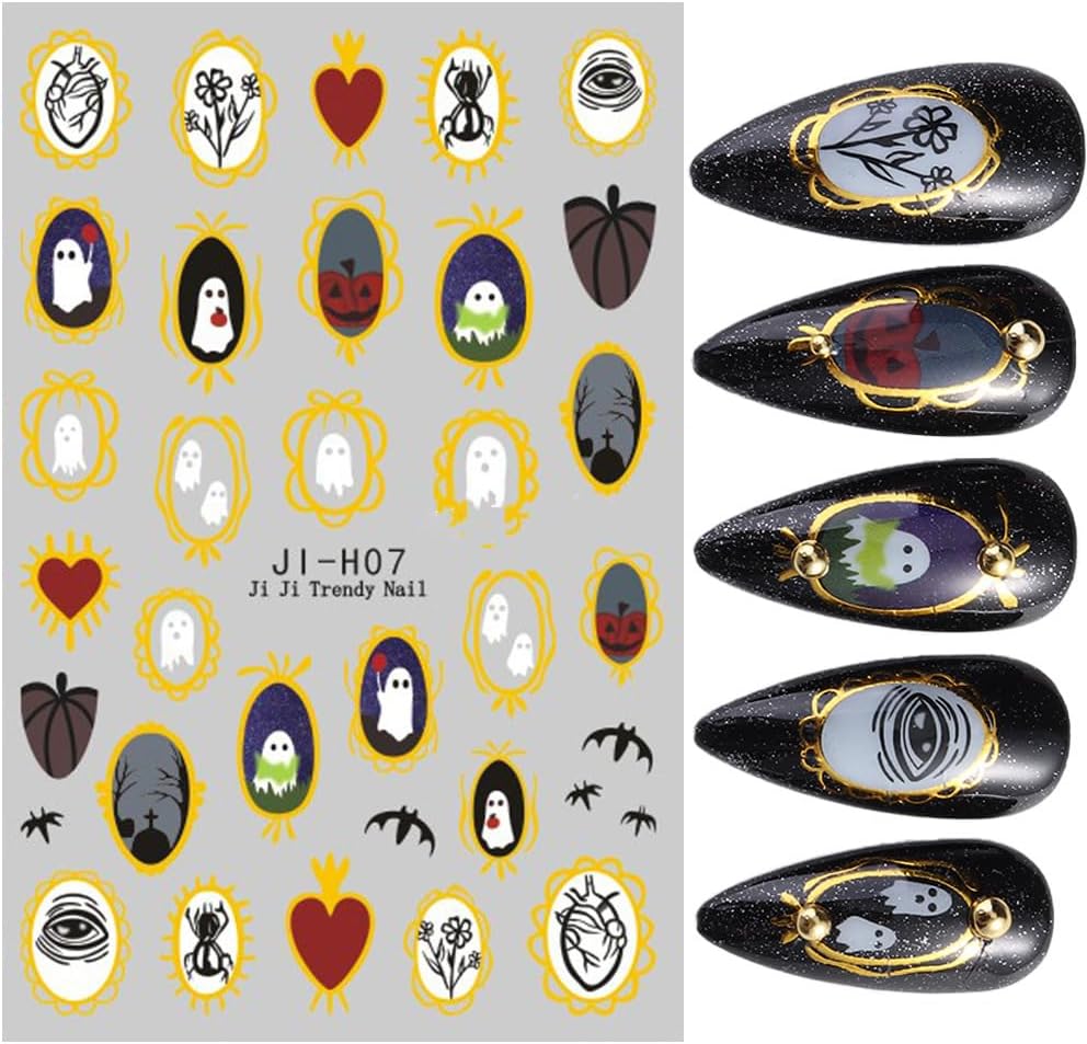 Halloween Nails Stickers Cute Ghost Nails Sticker 3D Embossed Gold Frame Self Adhesive Sticker Nail Decals Black Insects Bat Nail Art Decal Halloween Decals for Nail DIY Manicure 4Sheet
