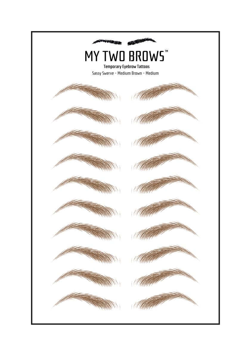 (10 pairs) Medium Brown Temporary Eyebrow Tattoo - Medium Size - Waterproof & Smudgeproof - Sassy Swerve Style Eyebrow Stickers - Sheet Lasts up to 30 Days - Won't Work on Existing Brows