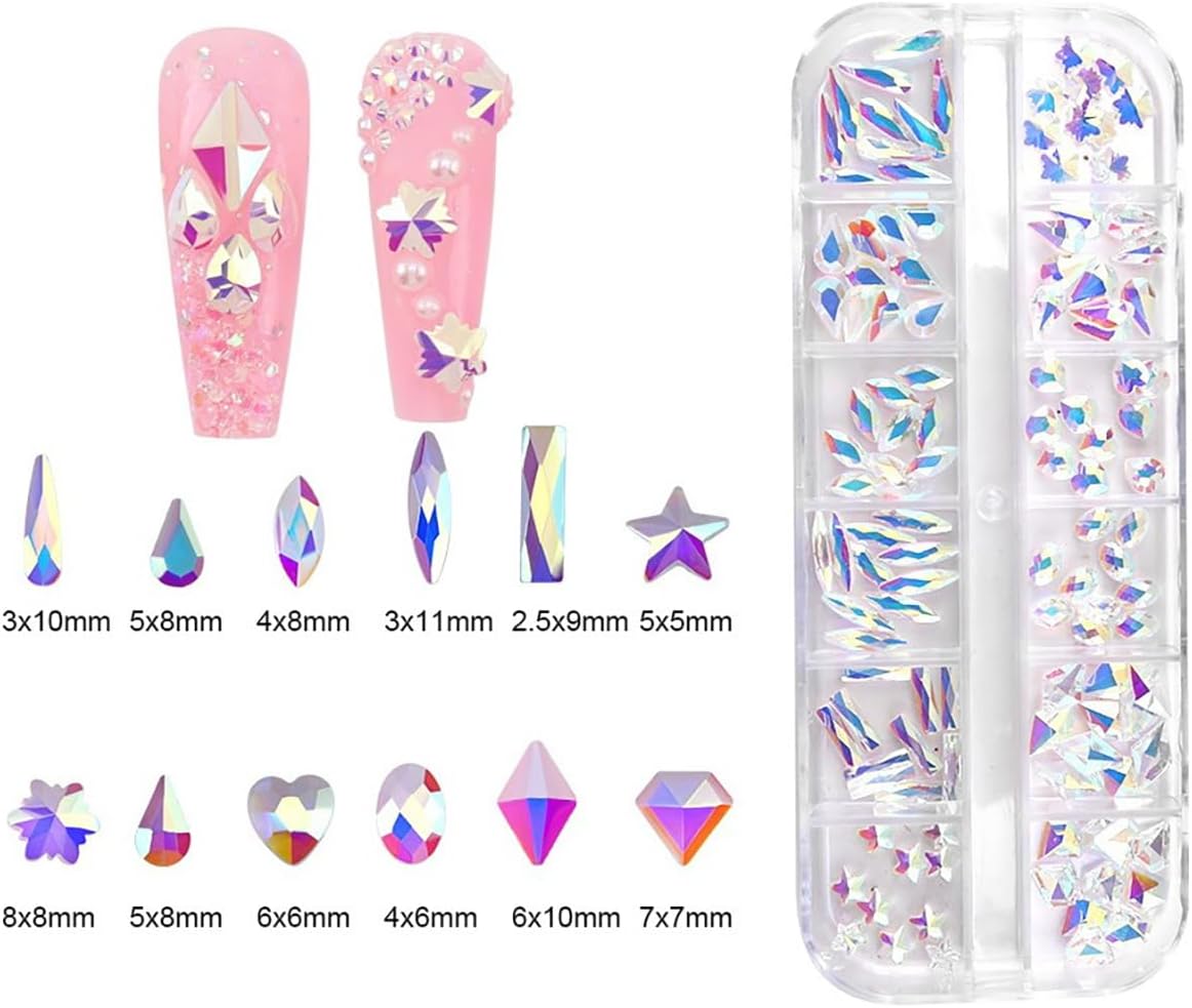 120pcs Flatback Rhinestones Glass Charms Diamantes Gems Stones for Nail Art Box Multi Shapes Transparent AB