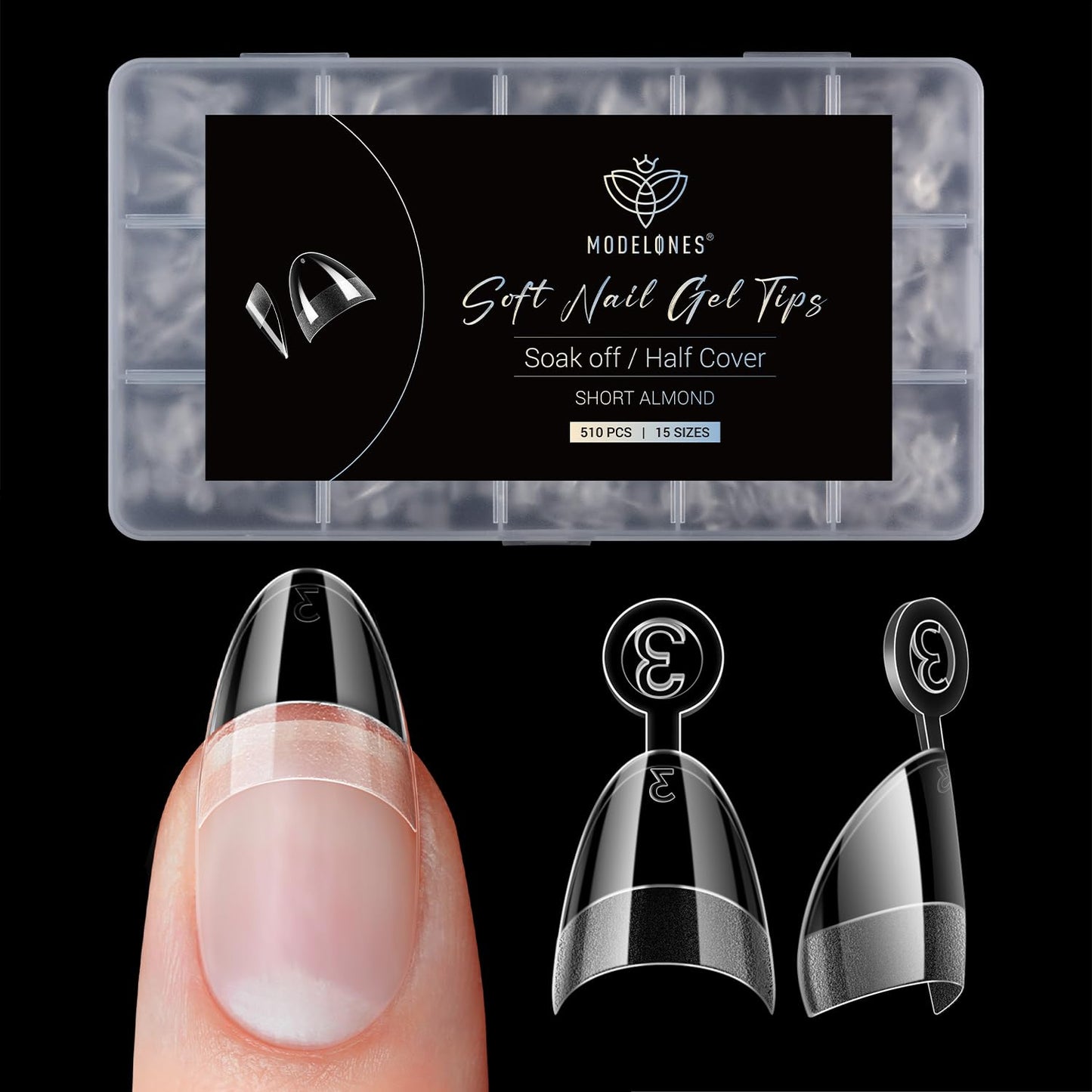 Modelones Extra Short Almond Fake Nail Tips - 510Pcs Half Cover Gel Tips Pre-shaped Clear Acrylic Gel Kit False Press on Nails for Extension DIY Salon 15Sizes