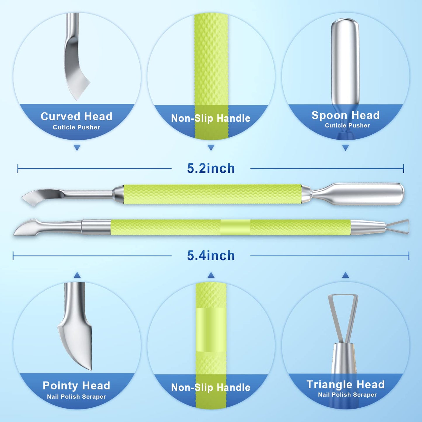 2PCS Metal Neon Green Cuticle Pusher and Cutter Remover Salon Quality Stainless Steel Gel Nail Polish Peeler Scraper Durable Manicure and Pedicure Cleaner Tool For Fingernail and Toenail