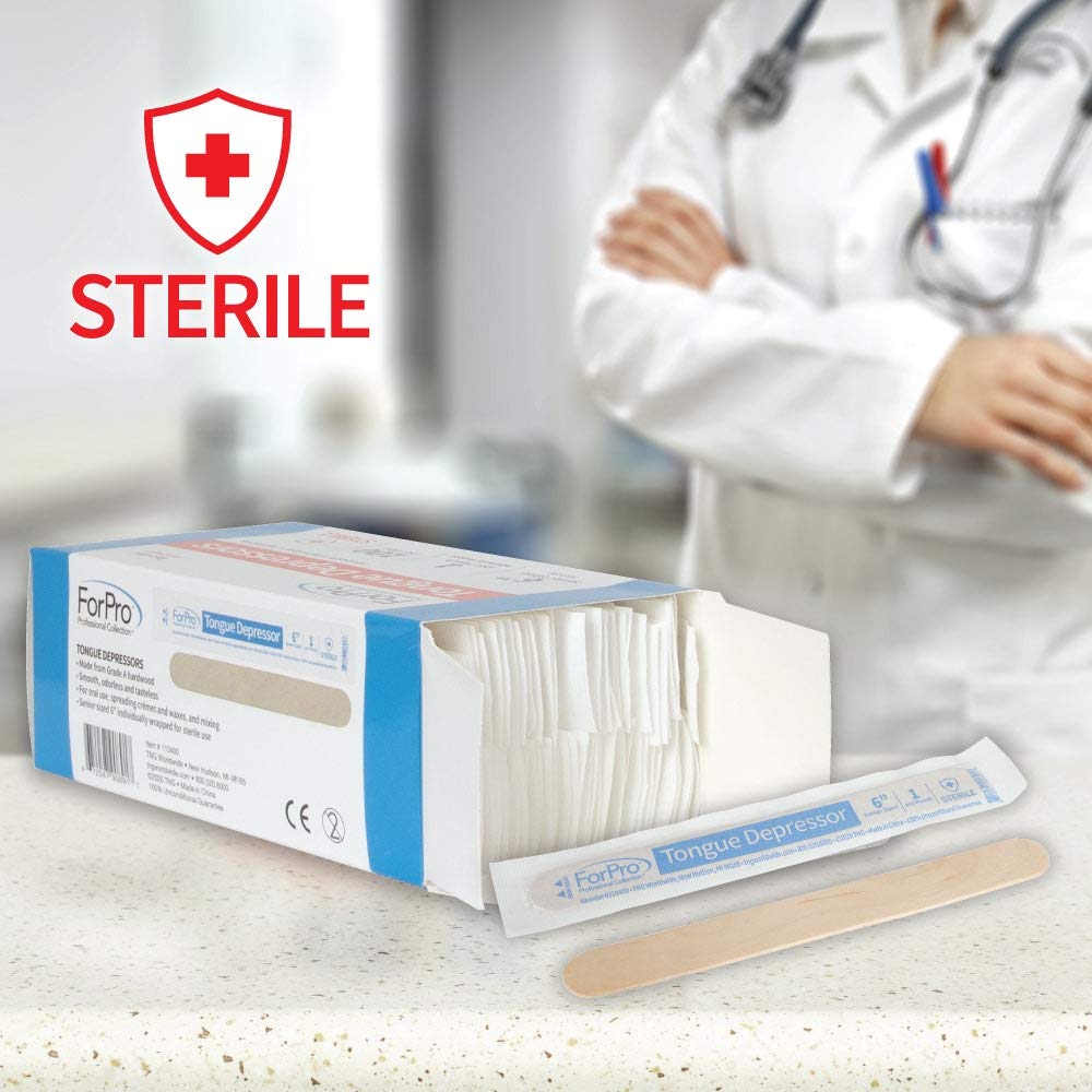 ForPro Professional Collection Senior Tongue Depressors, Large Wax Applicator Sticks, 6" Sized, Sterile, Individually Wrapped, 100 Count, Pack of 6