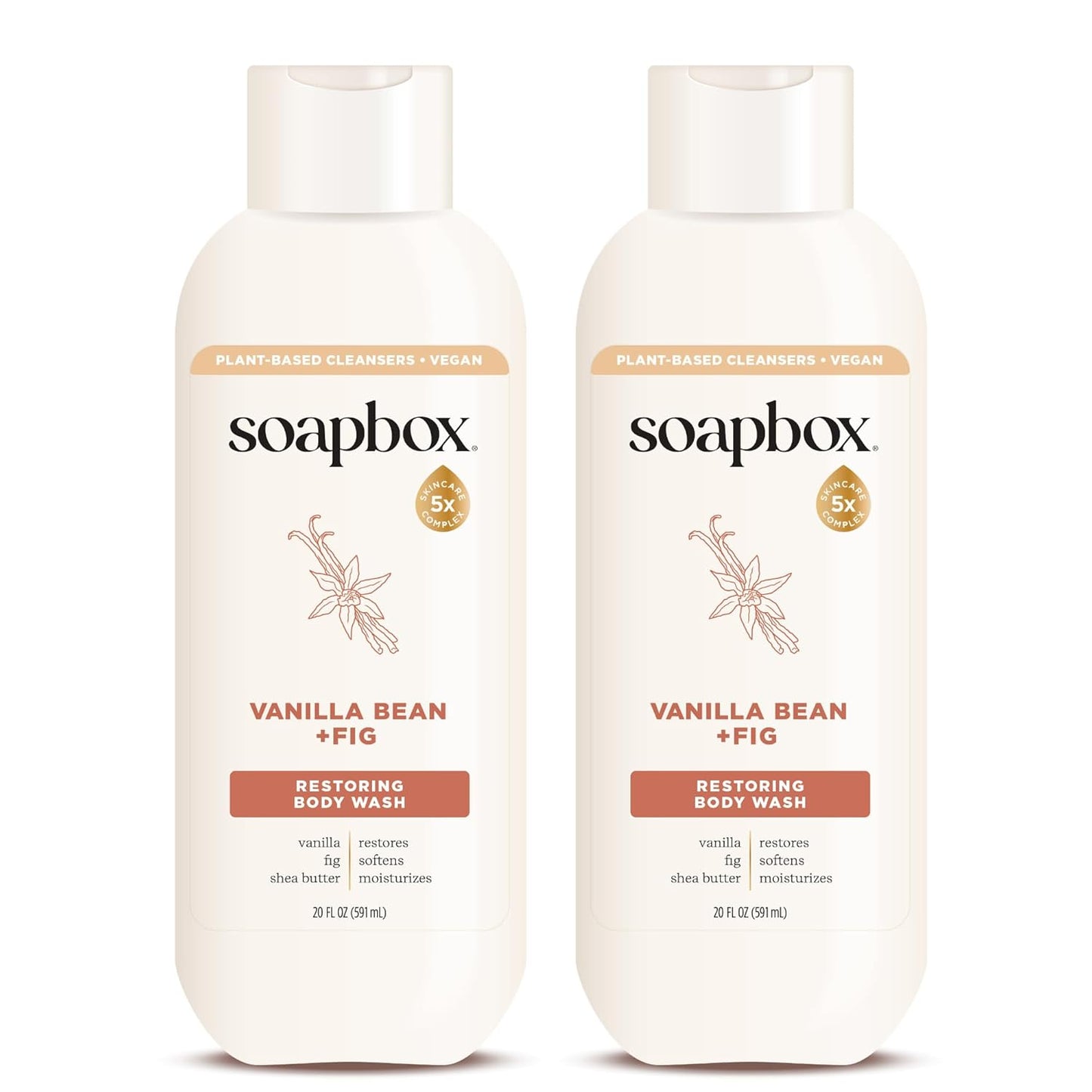 Soapbox Body Wash, Vanilla Bean & Fig Liquid Body Wash, Moisturizing Soap with Shea Butter, Vegan Duo Pack of 2 Soap Bottles, 20oz Each
