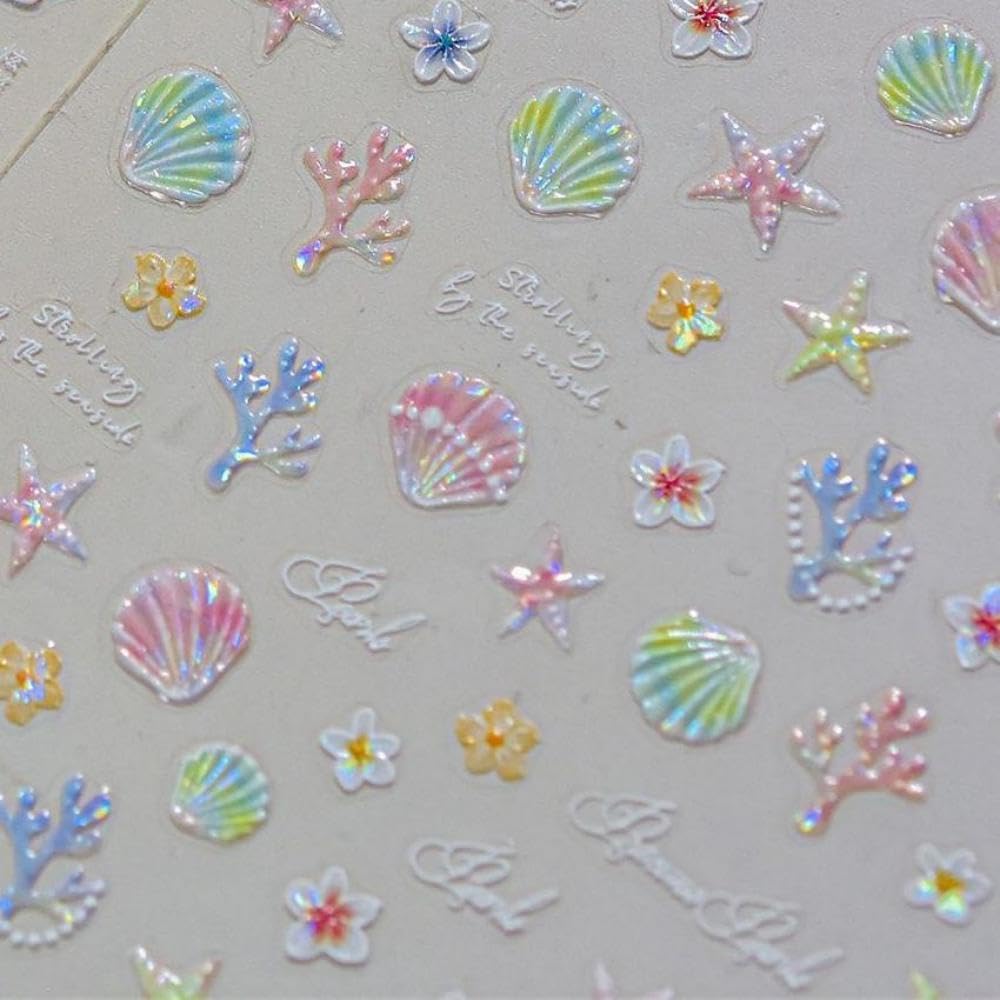 Starfish Nails Stickers Ocean Nail Art Decals Marine Organism with Design Summer Beach Nail Art Stickers for Women Girls Kid 5D Embossed Self Adhesive Manicure Supply Decoration