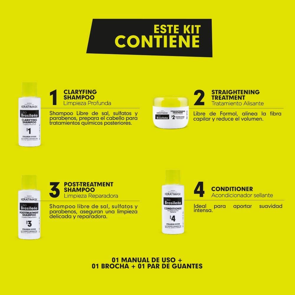 Brazilian Straightening Kit with Keratin and Hyaluronic Acid - Keratin Treatment- Get a perfect smooth, shiny and silky- Formaldehyde FREE