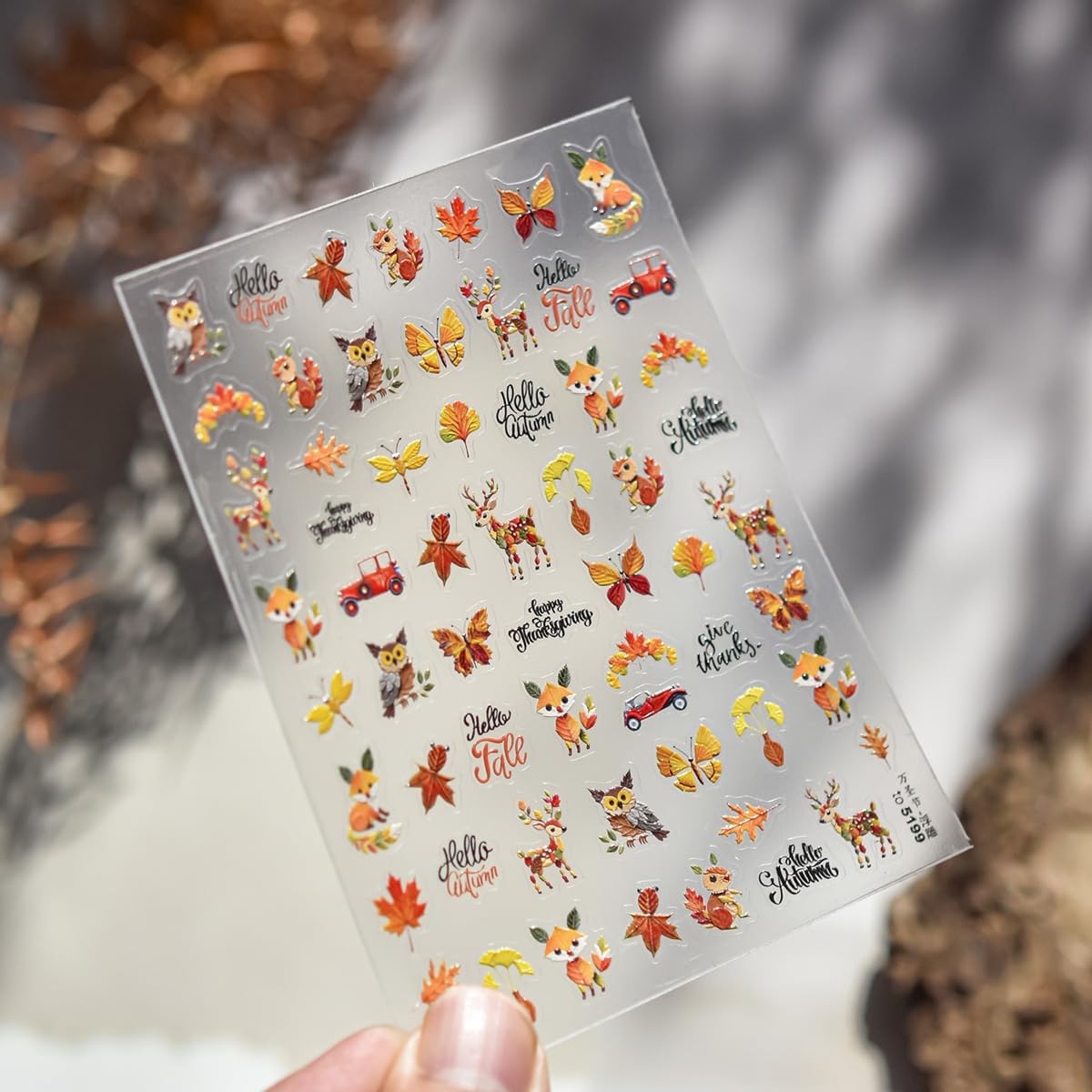 Thanksgiving Day Nail Stickers for Nail Art Fall Nail Sticker 5D Embossed Self-Adhesive Shiny Autumn Leaves Fox Deer Owl Nails Decals Holiday Maple Leaf Manicure Decoration for Salon Nails 1Sheet