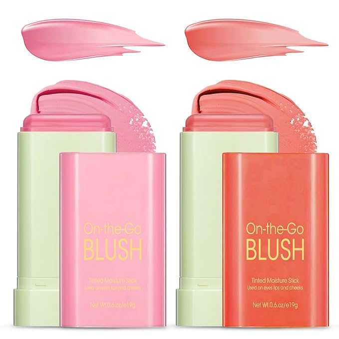 Buqikma Blush Stick Hydrated Solid 2PCS Blush Stick for Cheeks - Soft Cream Blush Stick Natural Matte Makeup Blush Stick Cream Blush Moisturizer Stick for Face,Lips and Eyes (Shy Pink+Orange)