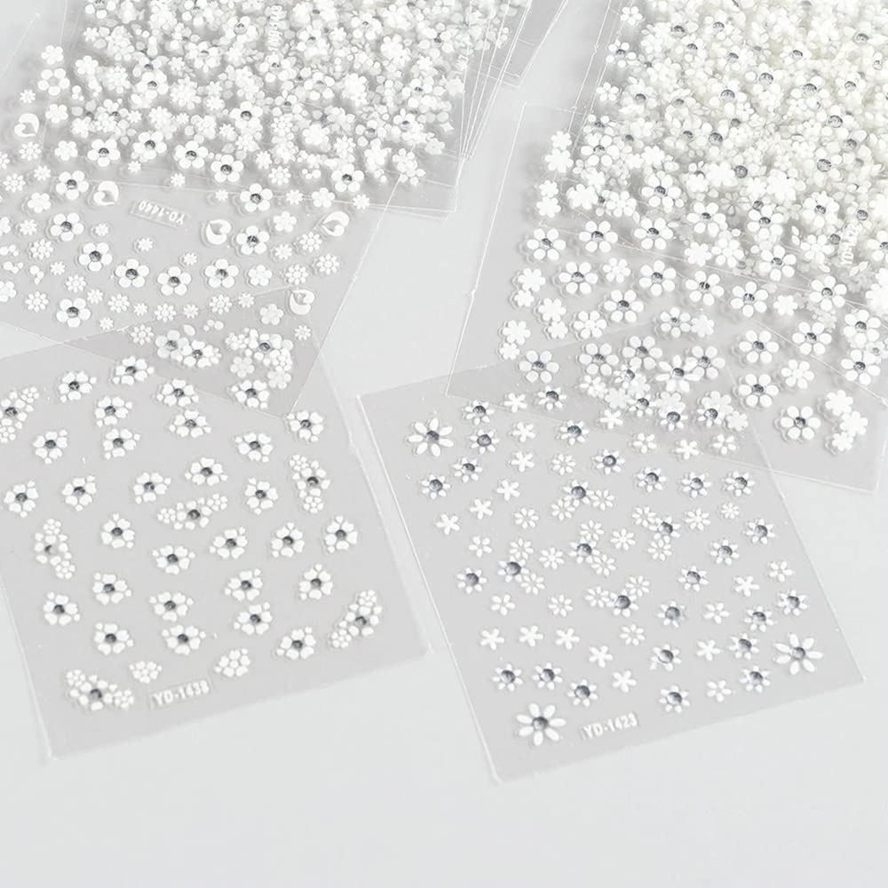 30 Sheets White Flower Nail Art Stickers, White Flower with Rhinestones Designs Nail Decals 3D Self Adhesive Nail Stickers Nail Art Supplies for Nails Decorations