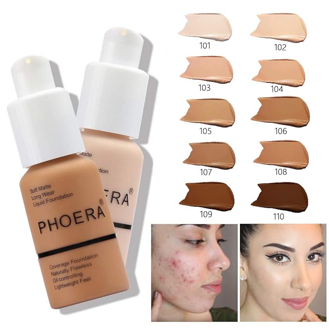 PHOERA Foundation Makeup Naturally Liquid Foundation Full Coverage Mattle Oil-Control Concealer 8 Colors Optional,Great Choice For Gift(#107 Honey,30ml)