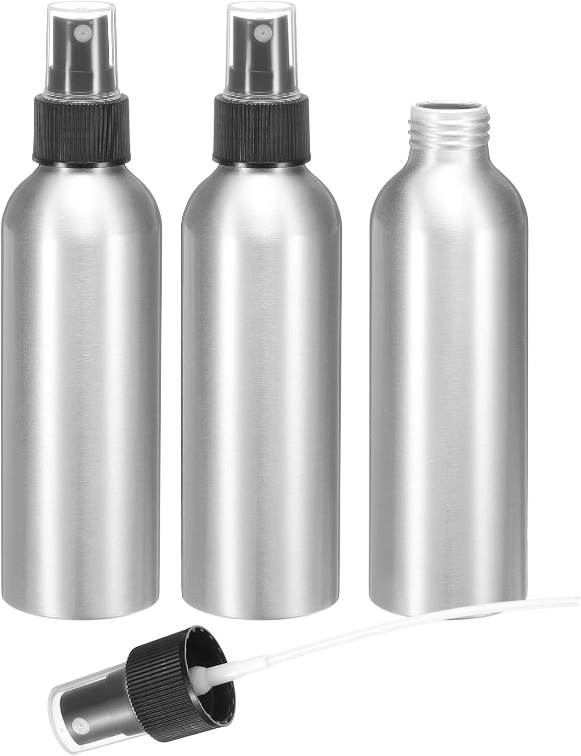 HARFINGTON 3pcs Aluminum Fine Mist Spray Bottles 150ml/5oz Metal Small Liquid Alcohol Refillable Travel Container with Black Plastic Nozzle Cap for Perfume Skincare Cosmetic Storage Bottle