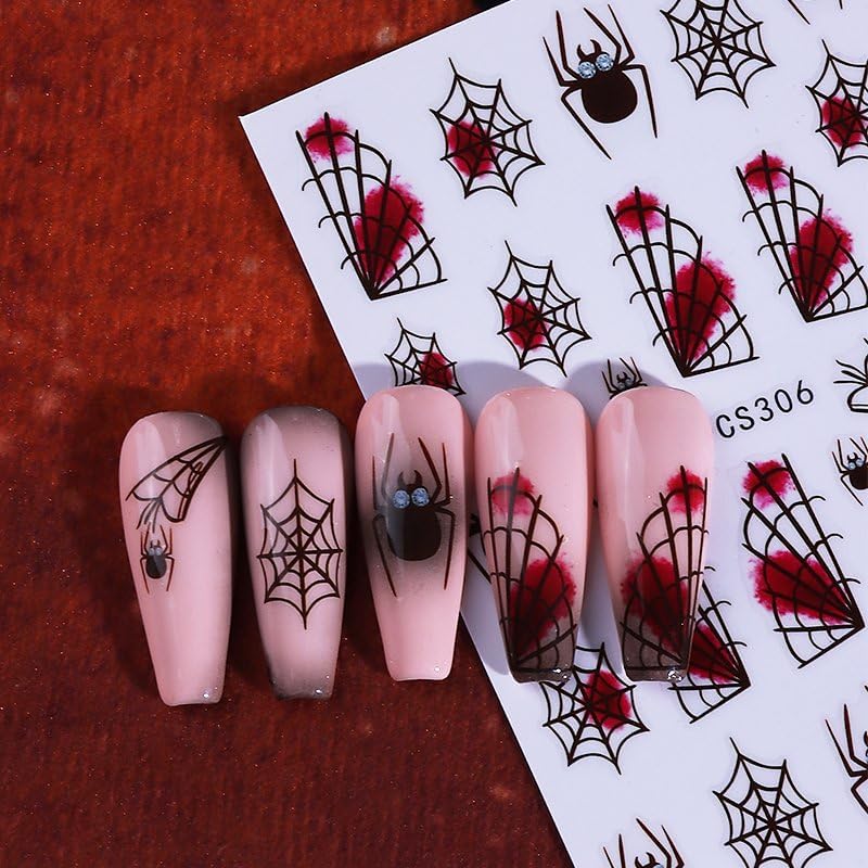 Halloween Nails Stickers Black Spider Nails Sticker 3D Embossed Black Web with Blood Self Adhesive Sticker Nail Decals Red Black Nail Art Decal Halloween Decals for Nail DIY Manicure 4Sheet