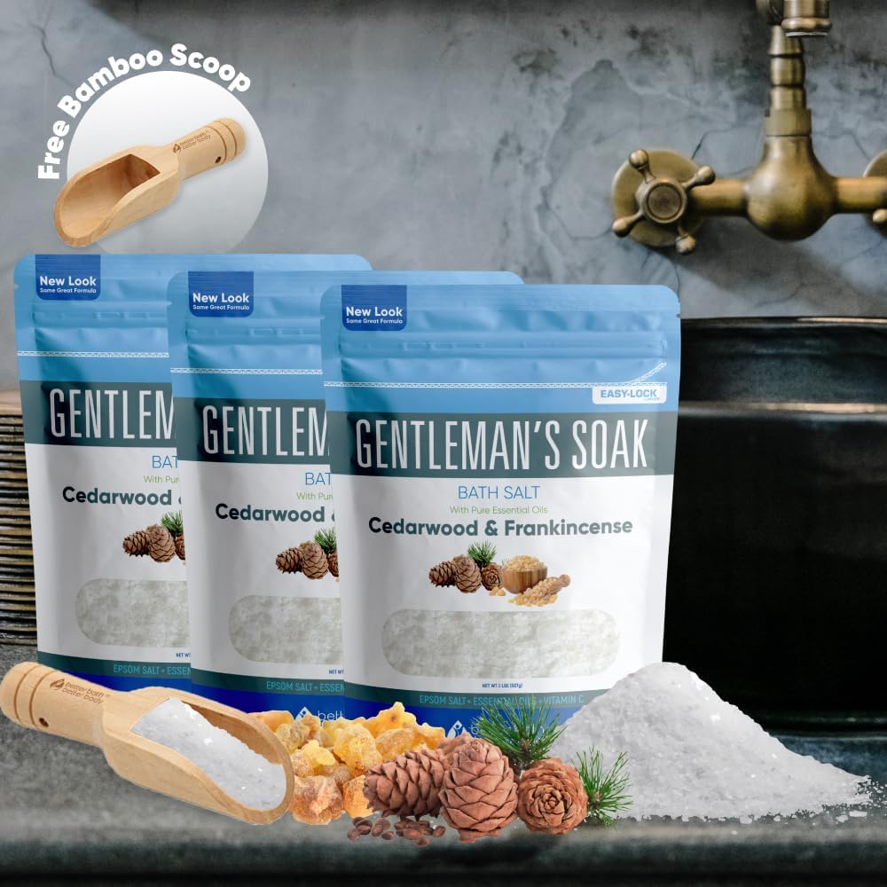 Gentleman's Bath Salt (3-Pack Plus Scoop) Bath for Men with Pure Essential Oils in BPA Free Pouch with Press-Lock Seal Made in USA 3-Pack of 2-lbs, 6-lbs Total