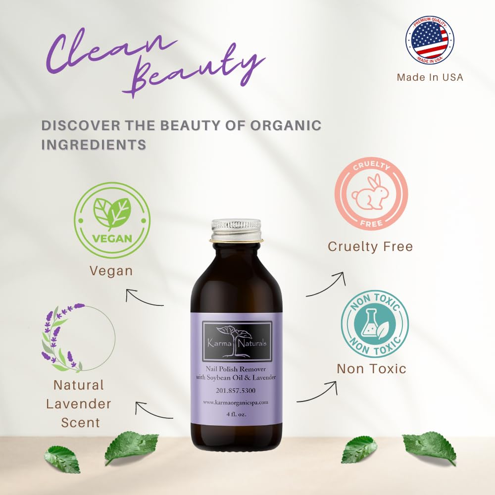 Karma Organic Nail Polish Remover with Soybean Oil and Lavender Oil- Non Toxic, Vegan, Cruelty Free, Acetone Free – Nails Strengthener for Fingernails – 4 fl. Oz