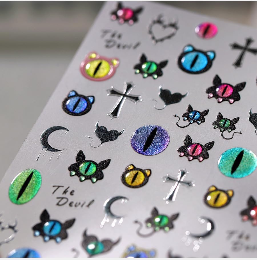 Halloween Nail Art Stickers 5D Embossed Devil Bat Nail Stickers, Self-Adhesive Durable Nail Art Decals for Women Girls, Nail Wraps Decoration Manicure for DIY Acrylic Nail Accessories