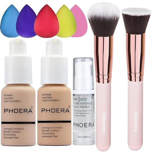 PHOERA Foundation 102 and 104 & Face Primer,Liquid Full Coverage Foundation Set,Foundation Brush Powder Brush,5 Makeup Sponge,30ml PHOERA 24HR Matte Oil Control Concealer (102 Nude + 104 Buff Beige)
