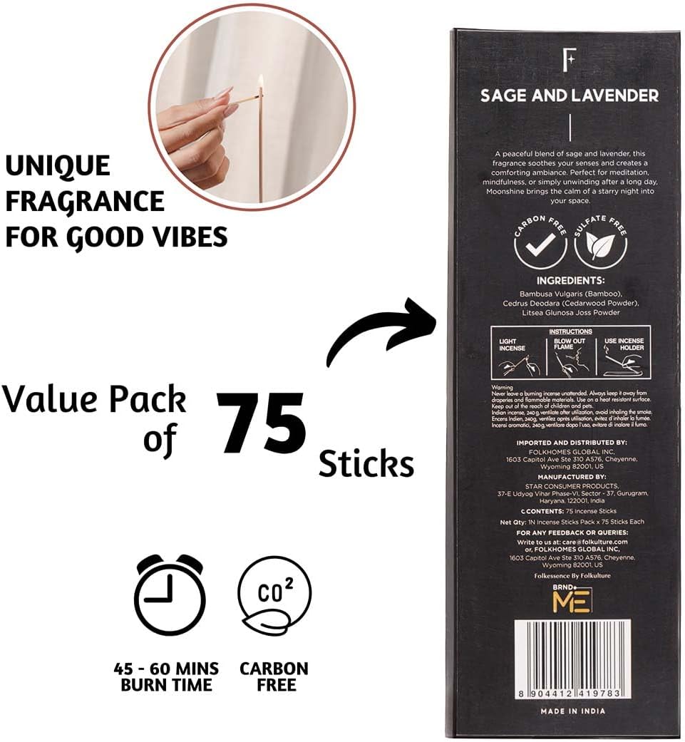 Folkulture Incense Sticks for Home | Pack of 75 (8") Insence-Sticks for Meditation with 45 Mins Burn Time | Organic Insence Aromatherapy Lavender Inscents-Stick | Non Toxic Inscent for Gifts for Her