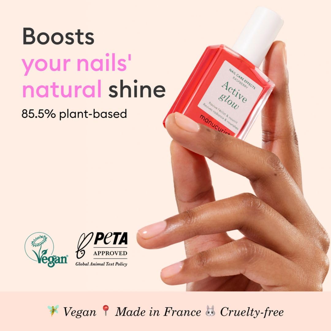 Manucurist Active Glow Raspberry Nail Polish & Care - Ultra-Glowy 2 in 1 Nail Concealer & Care - Plant-Based Ingredients: Sweet Almond Oil, Raspberry for Nourished Nail Rosy Mirror-Like Shine