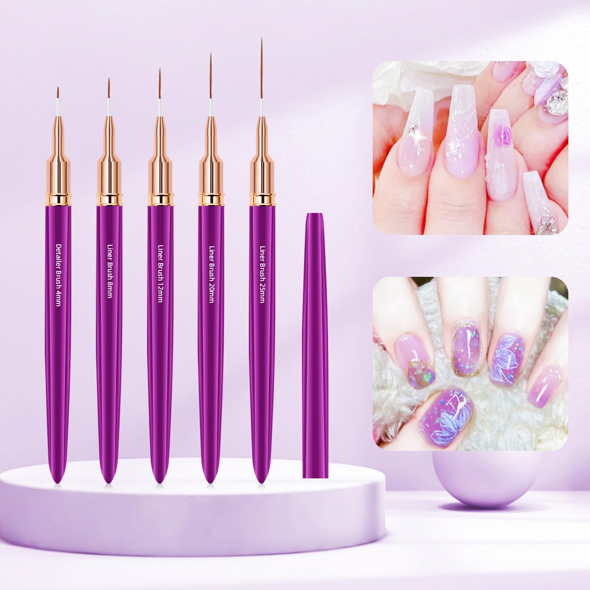 Metallic Nail Art Brushes, 5Pcs Nail Art Liner Brushes, Painting Art Design Brush Set Nail Dotting Drawing Tool for Long Lines, Thin Details, Fine Drawing Sizes 6/9/12/15/18mm, Purple