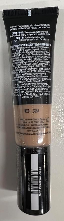 Palladio Full-Coverage Color Correction CC Cream, Oil-Free with Peptides & Vitamin C, Best for Correcting Redness and Uneven Skin Tone, Buildable Foundation Coverage (Med 32W)