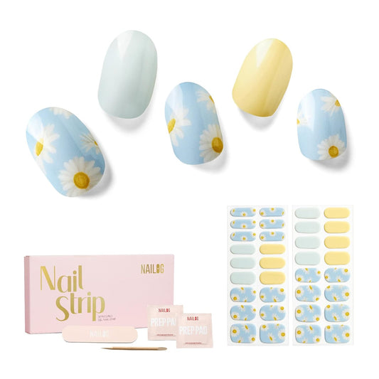 Nailog Semi Cured Gel Nail Strips 34 pcs | Long Lasting Nail Polish Sticker Wraps with Glossy Gel Finish | Daisy