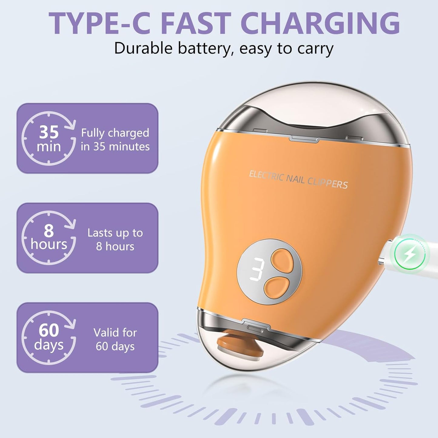 Type-C Professional Electric Nail File and Polish with LED Light & Polisher – 3 Adjustable Speeds, Safe Nail Clippers for Seniors, Adults and Kids, Built - in Storage, Effortless Manicure - Yellow