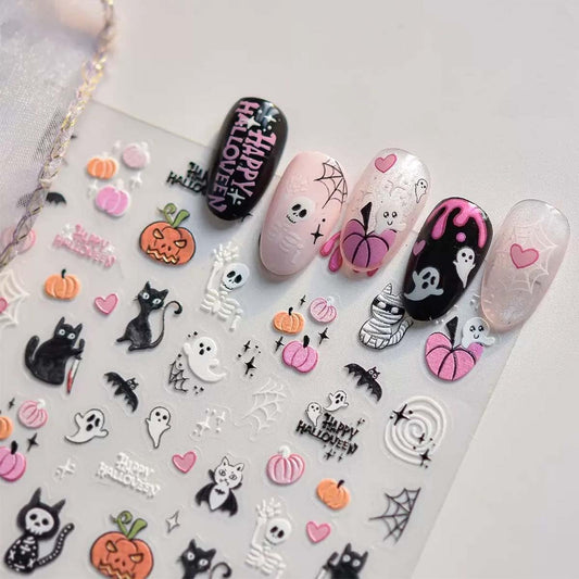 1Sheet 5D Halloween Nail Art Stickers Cute Spooky Pumpkin Nail Decals 3D Self-Adhesive Nail Supplies Spider Web Bat Ghosts Cat Halloween Nails Design for Women Holiday Nails DIY French Manicure Decor