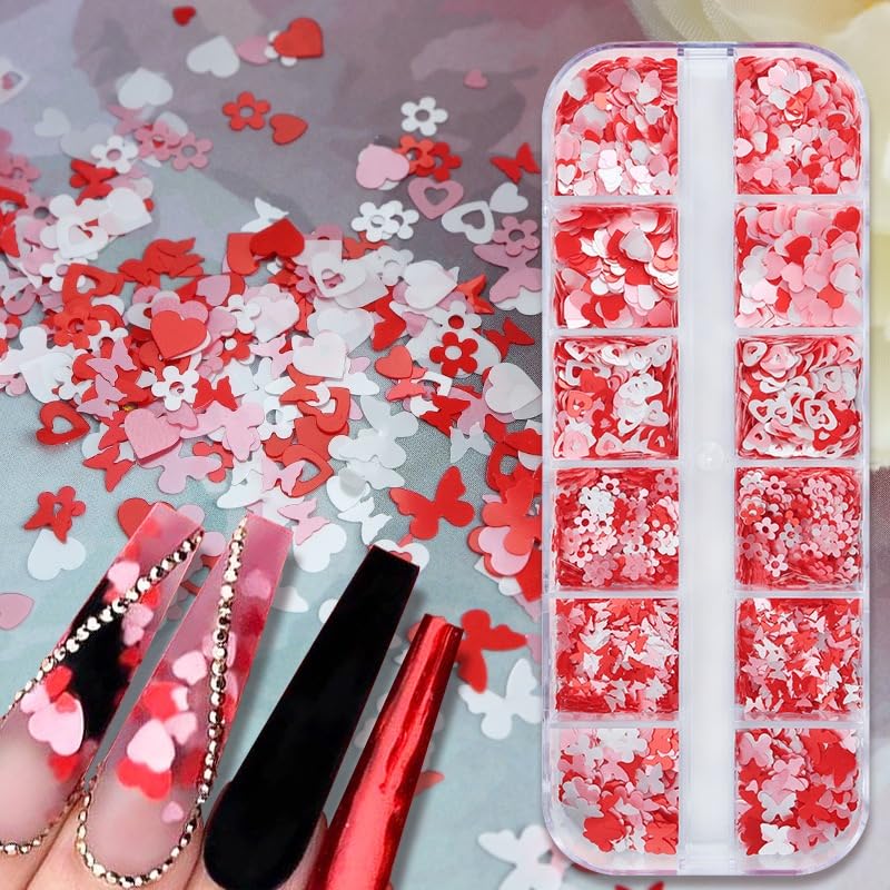 Valentine's Day Nail Art Glitters Sequins, 3 Boxes Holographic Hearts Nail Art Flakes Red Heart Glitter Sticker Decals Mixed Color Hearts Nail Sequins for Manicure DIY Decorations 36 Styles