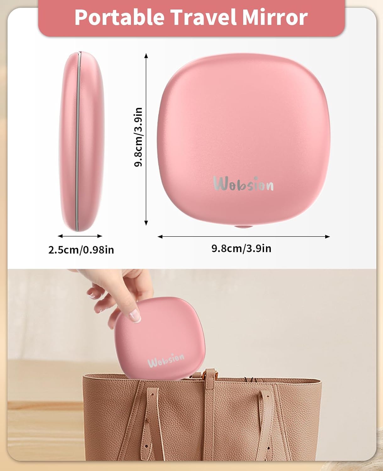 WOBSION Rechargeable Lighted Travel Makeup Mirror,1x/10x Compact Magnifying Mirror with Lights,Portable for Bag,4inch,Gift,Rose Gold