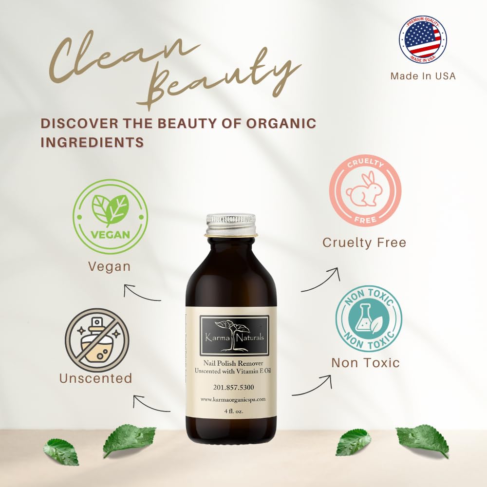 Karma Organic Nail Polish Remover Unscented- Non Toxic, Vegan, Cruelty Free, Acetone Free – Nails Strengthener for Fingernails – 4 fl. Oz